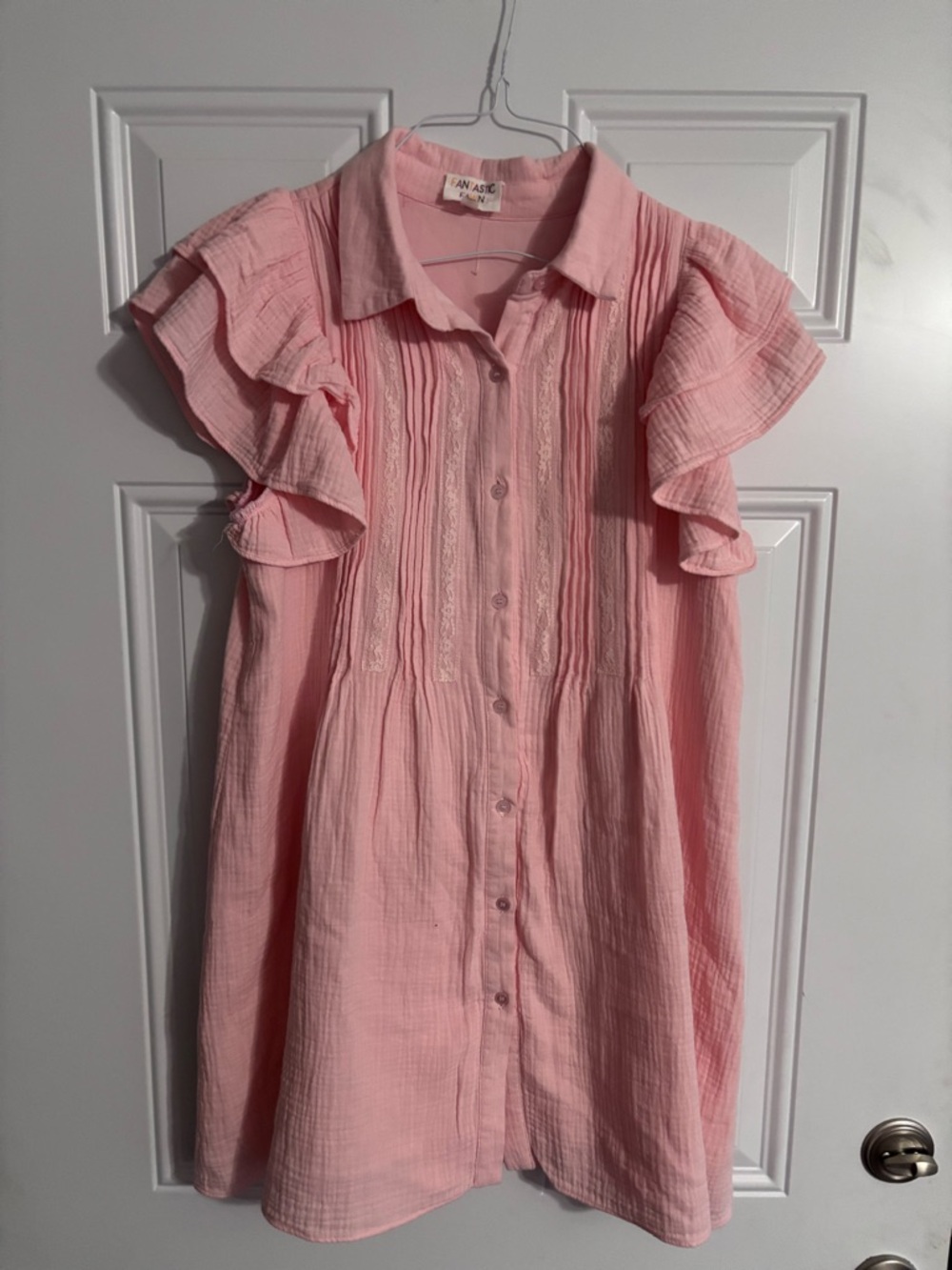 Pink Ruffle Sleeve Button-Front Dress - Picture 2 of 4